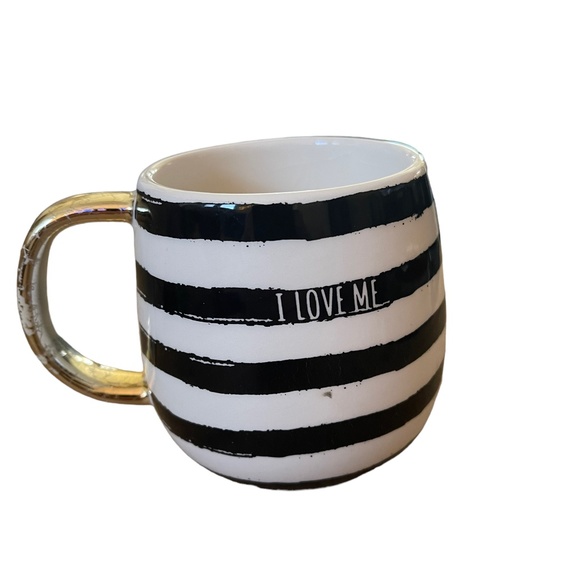 Earthenware Black & White Stripe "I Love Me" Mug with Heart Inside, Gold Handle - Picture 8 of 9